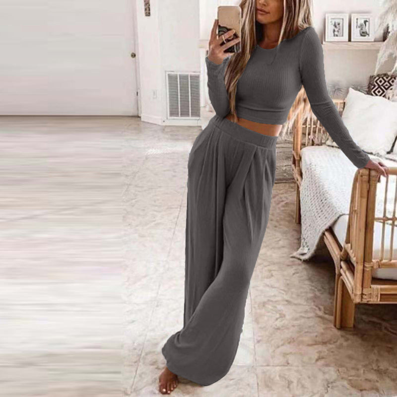 Women's Solid Color Knitted Casual Home Two-Piece Suit