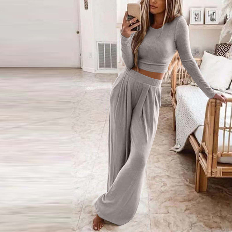 Women's Solid Color Knitted Casual Home Two-Piece Suit