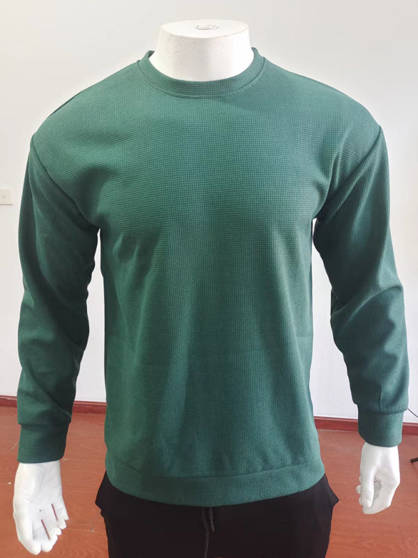 Men's Solid Color Waffle All-Match Round Neck Long-Sleeved Sweater