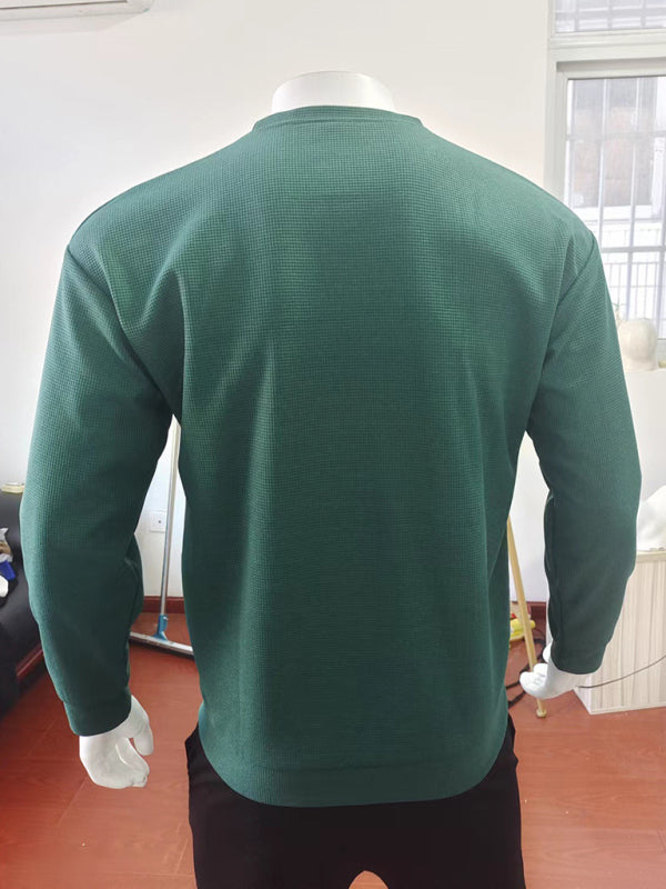 Men's Solid Color Waffle All-Match Round Neck Long-Sleeved Sweater