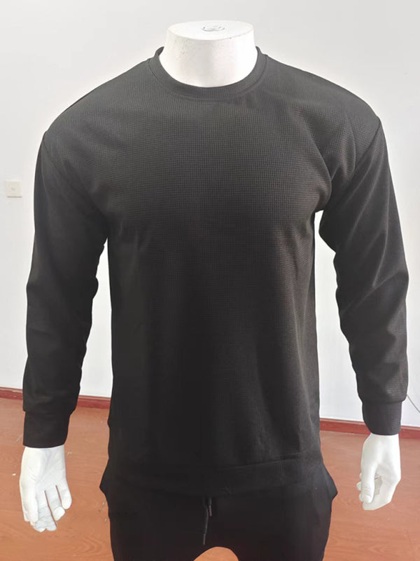 Men's Solid Color Waffle All-Match Round Neck Long-Sleeved Sweater