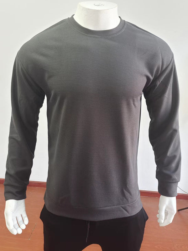 Men's Solid Color Waffle All-Match Round Neck Long-Sleeved Sweater