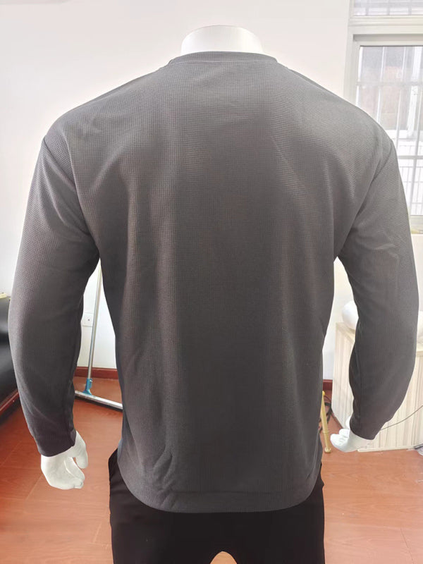 Men's Solid Color Waffle All-Match Round Neck Long-Sleeved Sweater