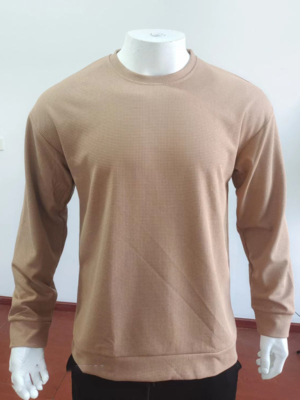 Men's Solid Color Waffle All-Match Round Neck Long-Sleeved Sweater