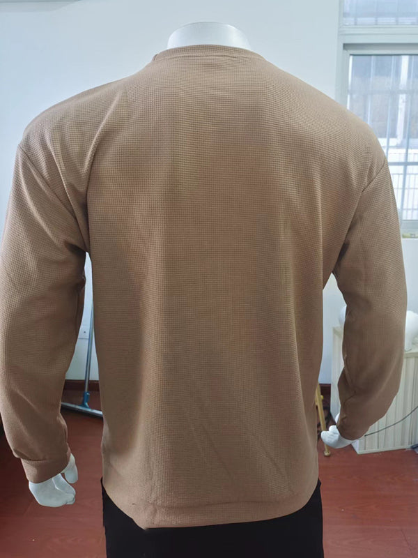 Men's Solid Color Waffle All-Match Round Neck Long-Sleeved Sweater