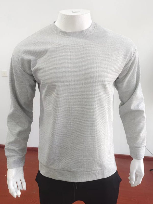 Men's Solid Color Waffle All-Match Round Neck Long-Sleeved Sweater