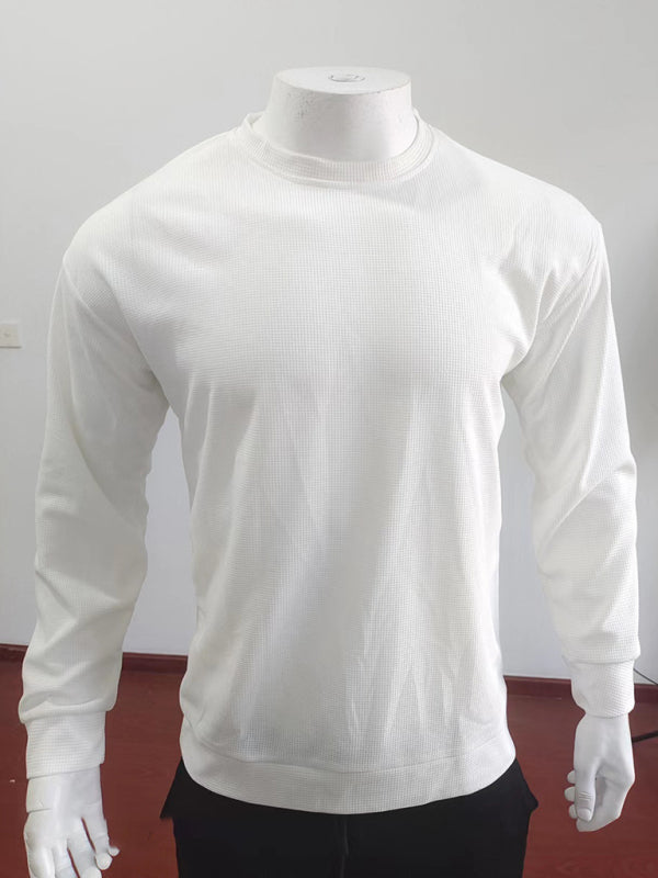 Men's Solid Color Waffle All-Match Round Neck Long-Sleeved Sweater