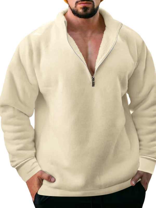 Men's Fleece Stand Collar Loose Casual Half Zipper Solid Color Pullover