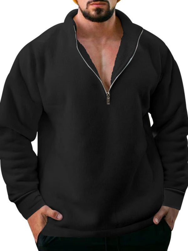 Men's Fleece Stand Collar Loose Casual Half Zipper Solid Color Pullover