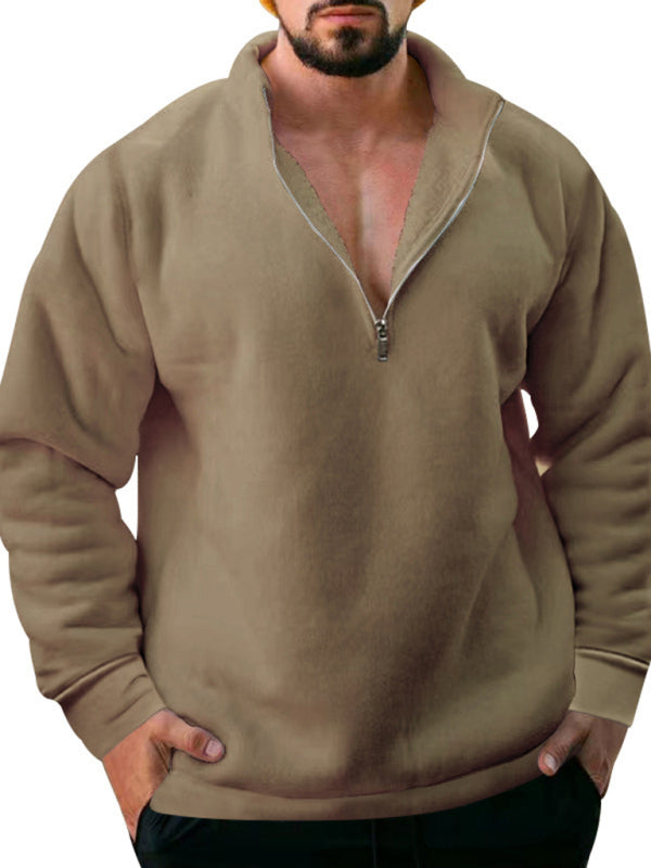 Men's Fleece Stand Collar Loose Casual Half Zipper Solid Color Pullover