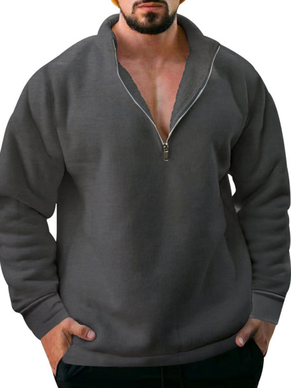 Men's Fleece Stand Collar Loose Casual Half Zipper Solid Color Pullover