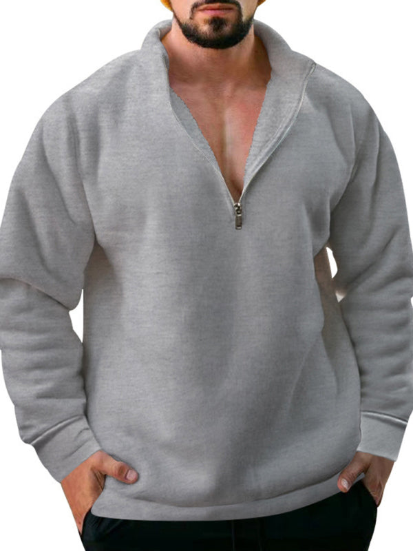 Men's Fleece Stand Collar Loose Casual Half Zipper Solid Color Pullover