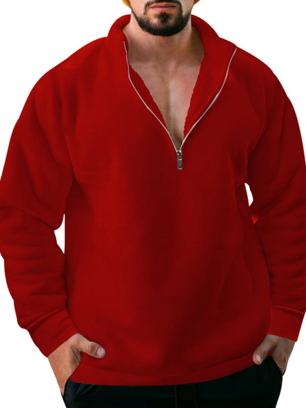 Men's Fleece Stand Collar Loose Casual Half Zipper Solid Color Pullover