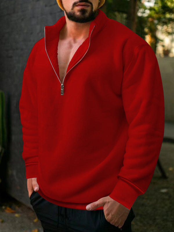 Men's Fleece Stand Collar Loose Casual Half Zipper Solid Color Pullover