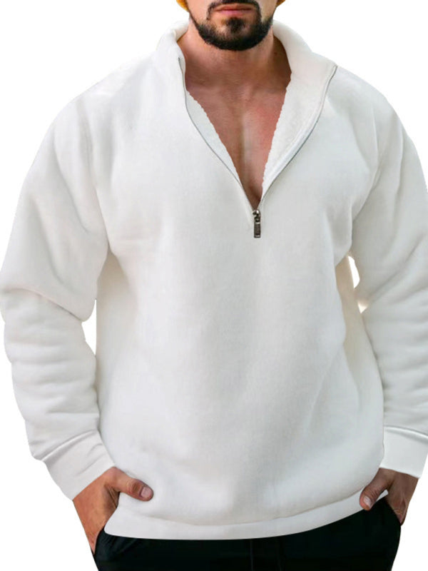 Men's Fleece Stand Collar Loose Casual Half Zipper Solid Color Pullover