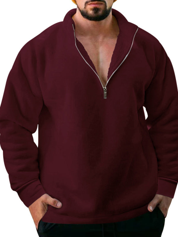 Men's Fleece Stand Collar Loose Casual Half Zipper Solid Color Pullover