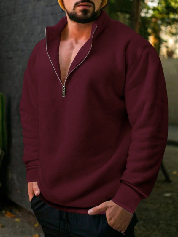 Men's Fleece Stand Collar Loose Casual Half Zipper Solid Color Pullover