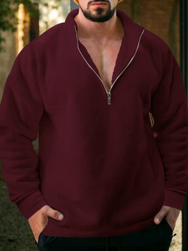 Men's Fleece Stand Collar Loose Casual Half Zipper Solid Color Pullover