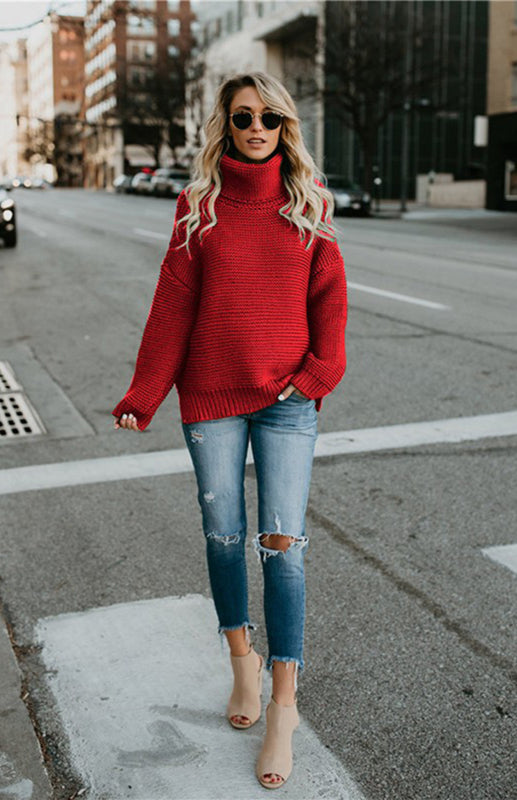 Women's Thick Knit Oversize Turtle Neck Pullover Sweater