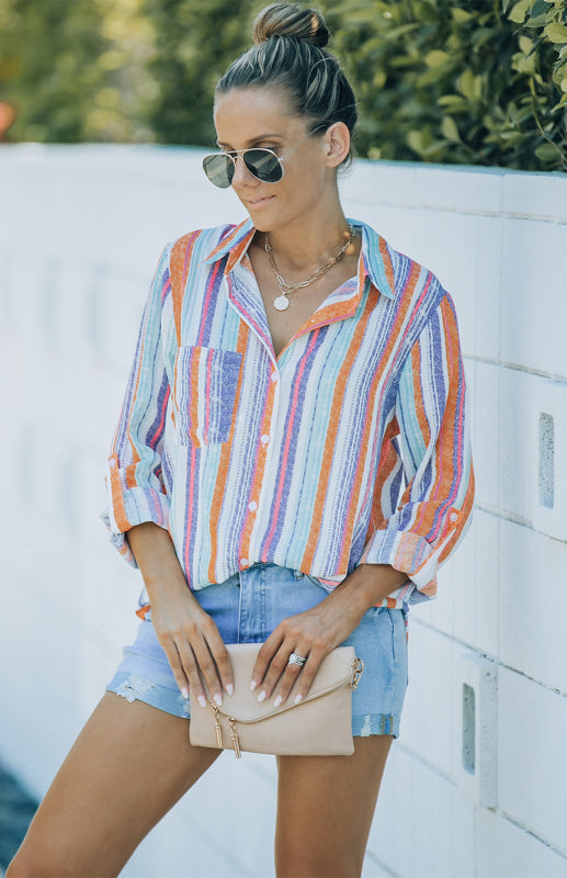 Linen Turn-down Collar Sweet Enough Striped Button Up Top