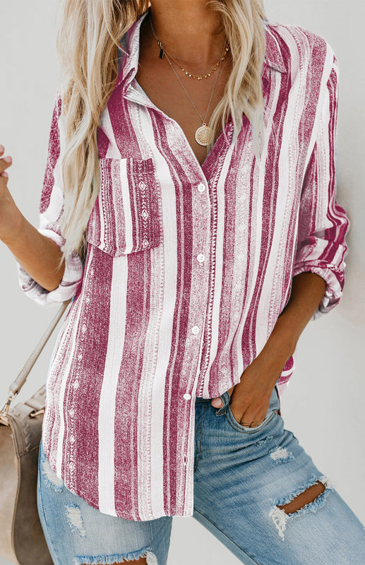 Linen Turn-down Collar Sweet Enough Striped Button Up Top