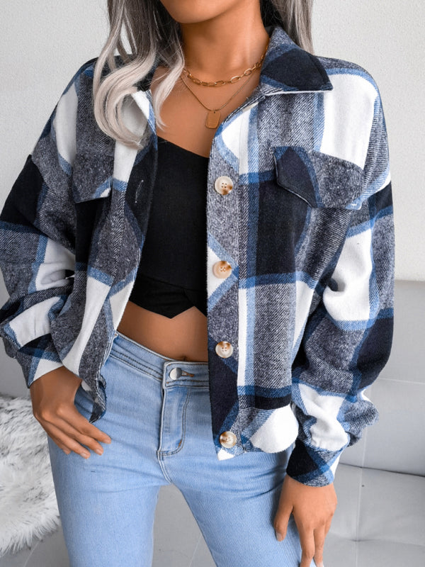 Women's Thick Collared Plaid Flannel Cardigan With Button Front And Front Pockets