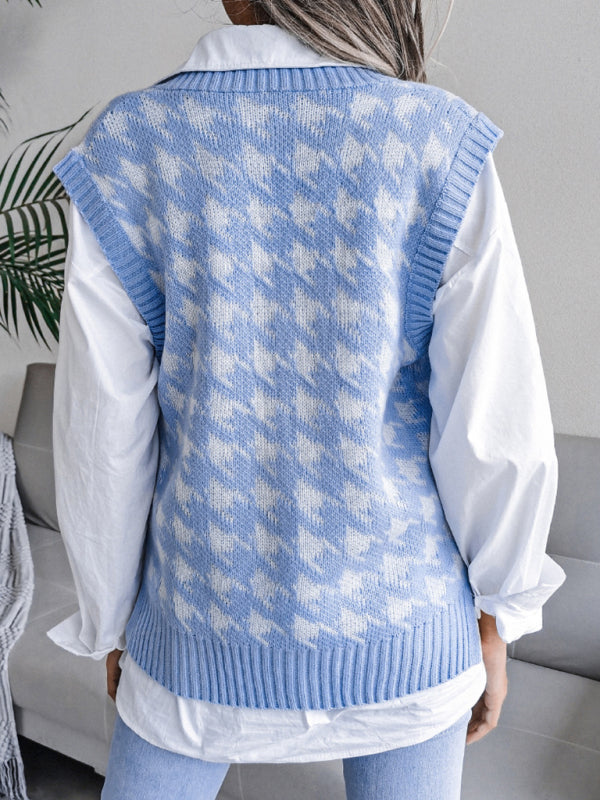 Women's V-neck Thousand Bird Lattice Casual Loose Knit Vest Sweater