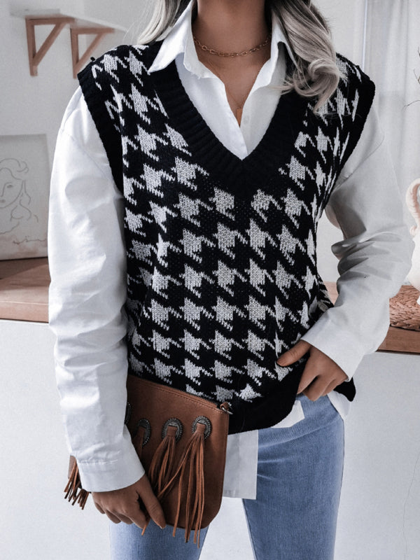 Women's V-neck Thousand Bird Lattice Casual Loose Knit Vest Sweater