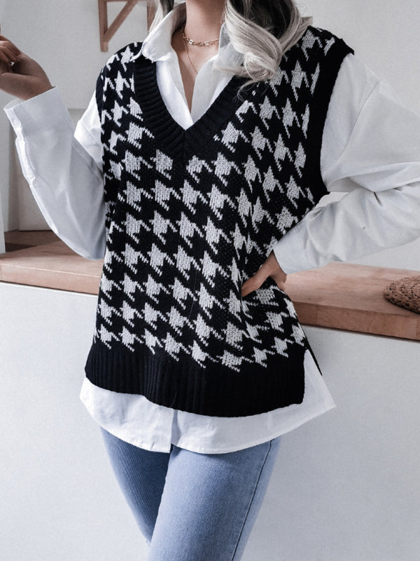 Women's V-neck Thousand Bird Lattice Casual Loose Knit Vest Sweater