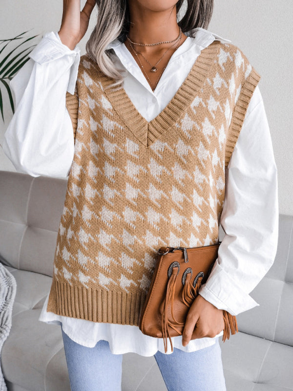 Women's V-neck Thousand Bird Lattice Casual Loose Knit Vest Sweater