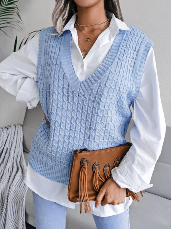 Women's V-neck Twist Casual Loose Knit Sweater Vest