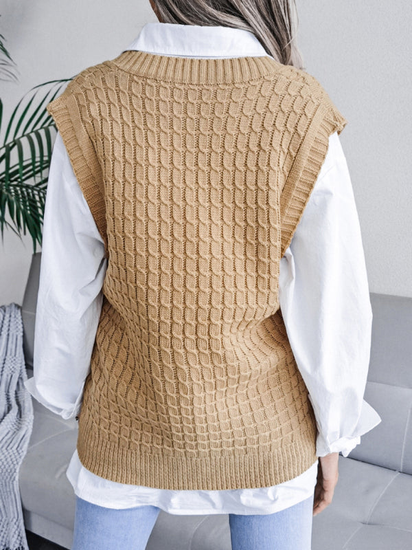 Women's V-neck Twist Casual Loose Knit Sweater Vest