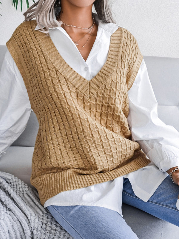 Women's V-neck Twist Casual Loose Knit Sweater Vest