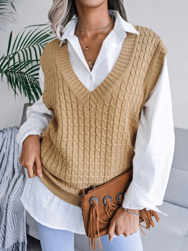 Women's V-neck Twist Casual Loose Knit Sweater Vest