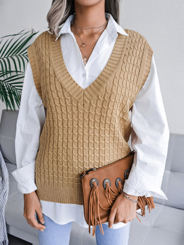 Women's V-neck Twist Casual Loose Knit Sweater Vest