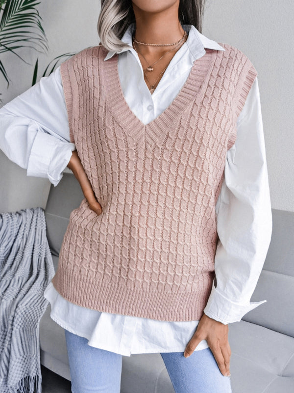 Women's V-neck Twist Casual Loose Knit Sweater Vest