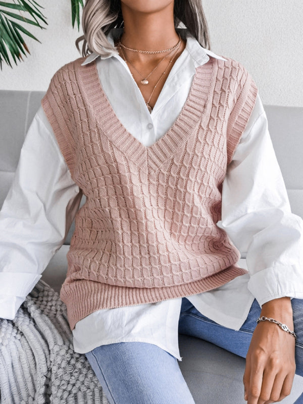 Women's V-neck Twist Casual Loose Knit Sweater Vest