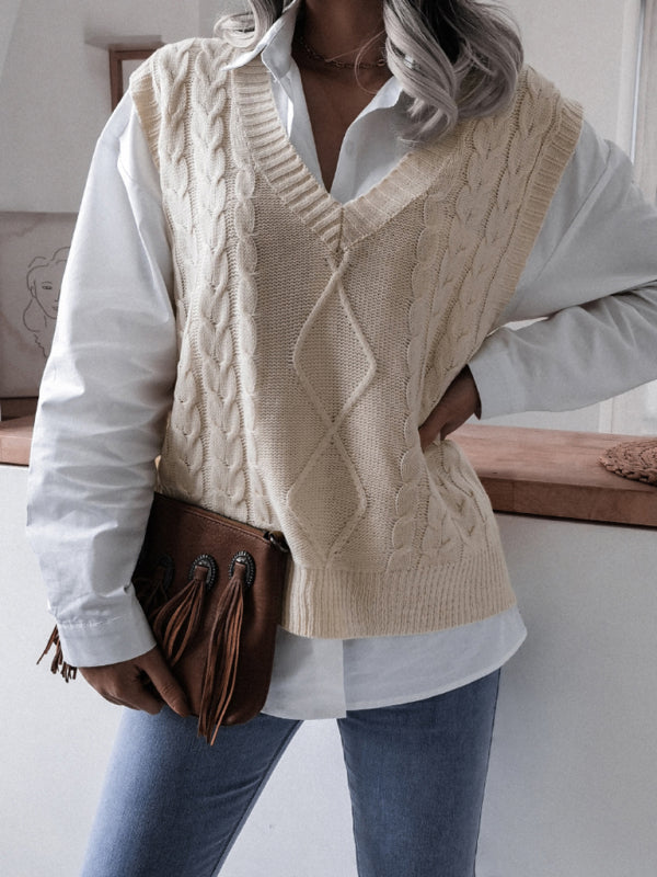 Women's V-neck Twist Casual Loose Knit Vest Sweater