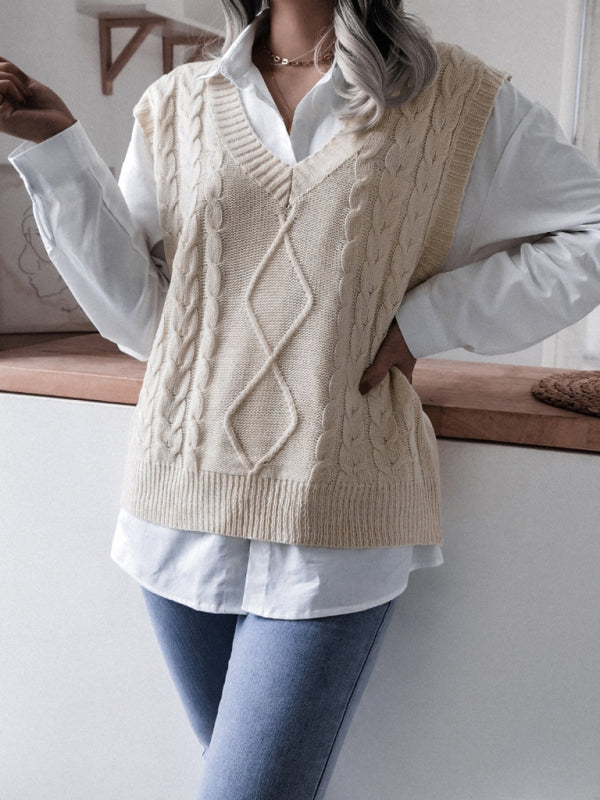 Women's V-neck Twist Casual Loose Knit Vest Sweater