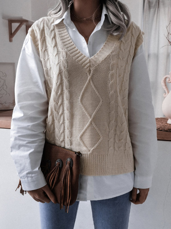 Women's V-neck Twist Casual Loose Knit Vest Sweater