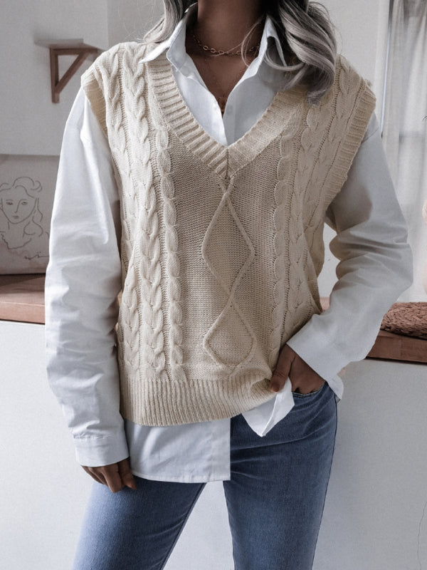 Women's V-neck Twist Casual Loose Knit Vest Sweater