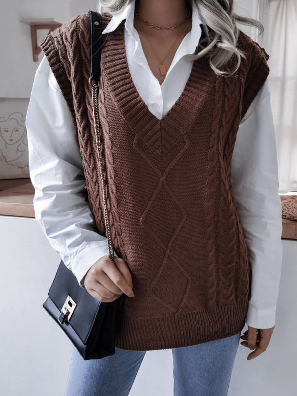 Women's V-neck Twist Casual Loose Knit Vest Sweater