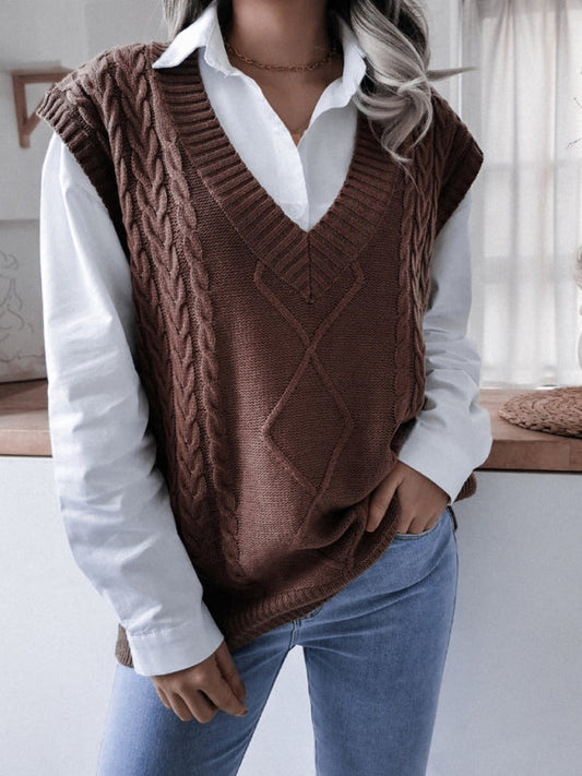 Women's V-neck Twist Casual Loose Knit Vest Sweater