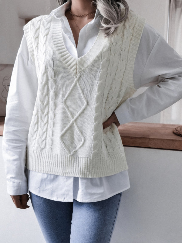 Women's V-neck Twist Casual Loose Knit Vest Sweater