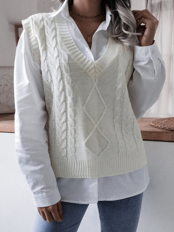 Women's V-neck Twist Casual Loose Knit Vest Sweater