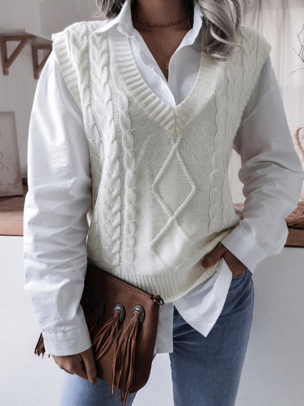 Women's V-neck Twist Casual Loose Knit Vest Sweater