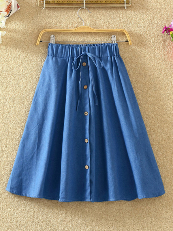 Elastic Waist Button-Down A-Line Denim Skirt