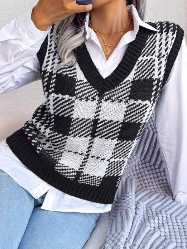 Women's Casual Contrast Color Plaid Knitted Vest Sweater Vest