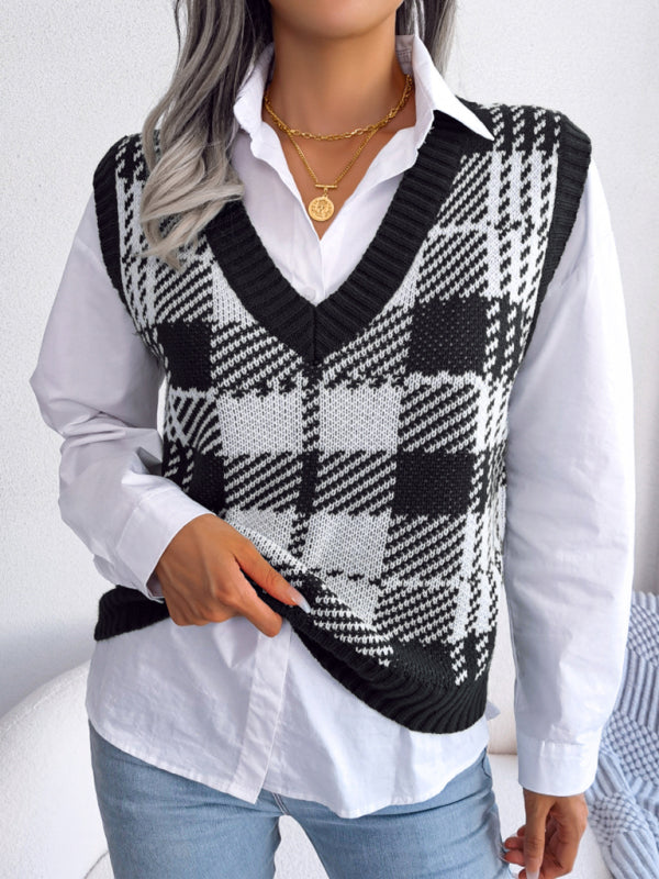 Women's Casual Contrast Color Plaid Knitted Vest Sweater Vest