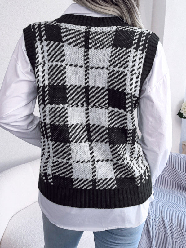 Women's Casual Contrast Color Plaid Knitted Vest Sweater Vest